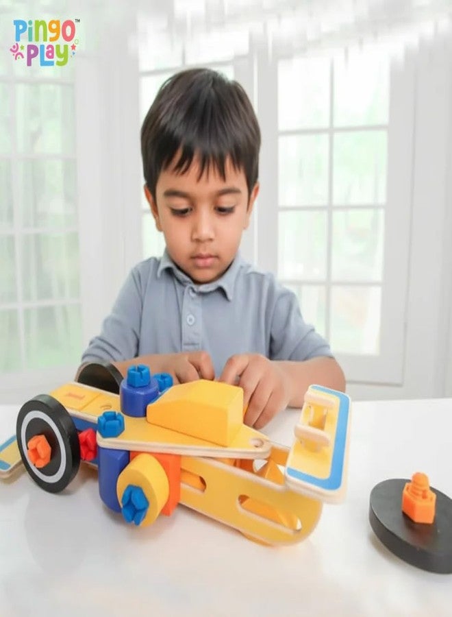 Pingo Play Premium Wooden Race Car Construction Toy for Kids 3+ | Build & Play Vehicle Set with Nuts, Bolts & Tool | Montessori Educational Wooden Toy (48 Pieces) - Image 3